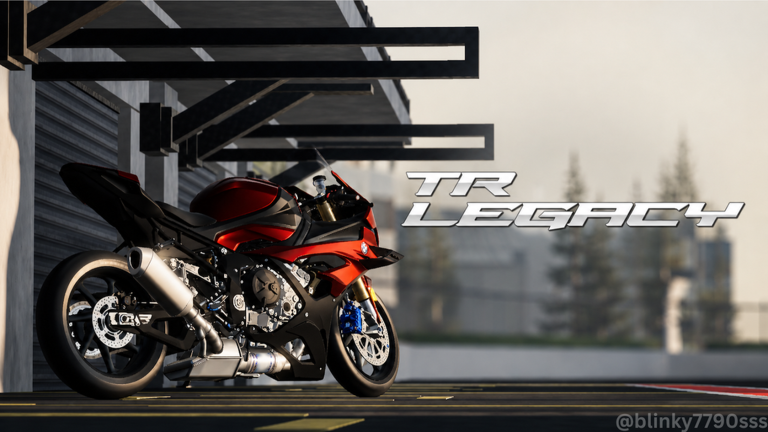 Developer-supplied TR Legacy promotional artwork with a red motorcycle parked beneath a canopy